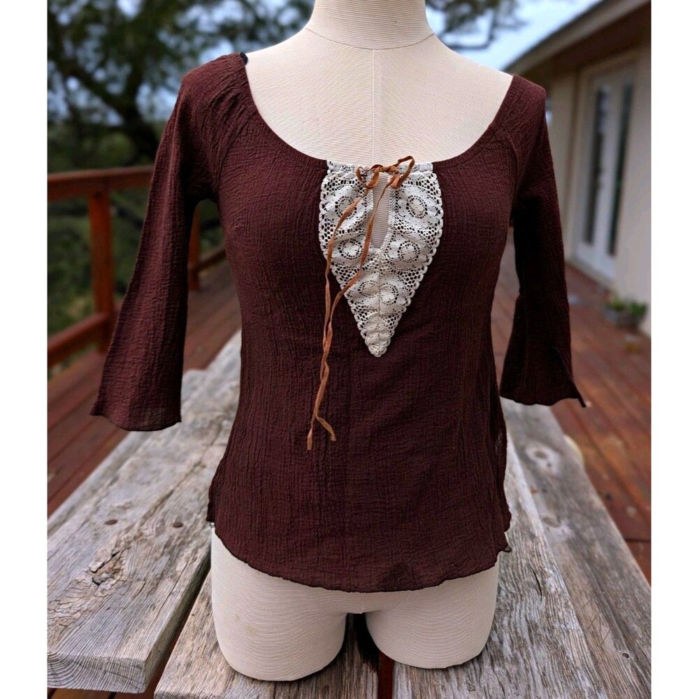 Vintage Xhilaration Brown Lace Tie Scoop Neck Blouse M Fairy Cottage Made USA